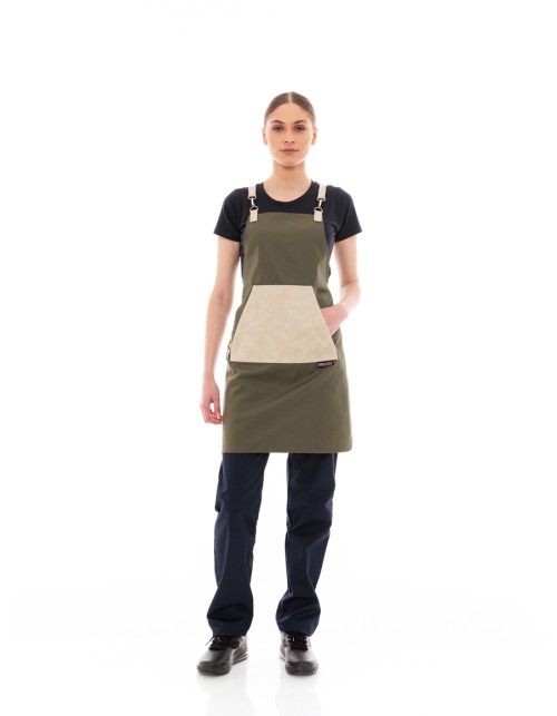 Χακί Ποδιά Unisex Barista Στηθούρι - Από Καμβά Ύφασμα & Μπεζ Μάρσιπο Vegan Leather Τσέπη