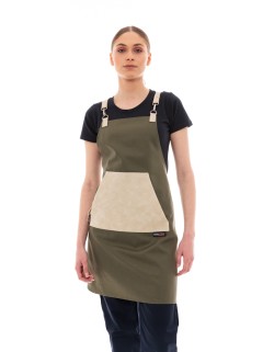 Χακί Ποδιά Unisex Barista Στηθούρι - Από Καμβά Ύφασμα & Μπεζ Μάρσιπο Vegan Leather Τσέπη