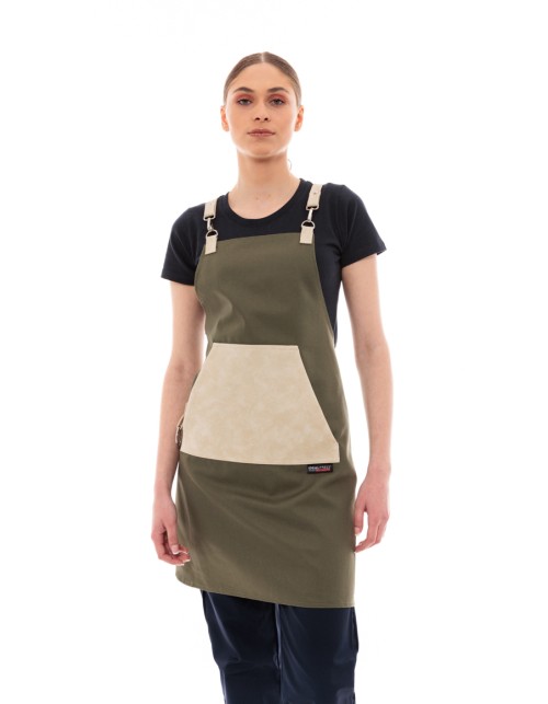 Χακί Ποδιά Unisex Barista Στηθούρι - Από Καμβά Ύφασμα & Μπεζ Μάρσιπο Vegan Leather Τσέπη