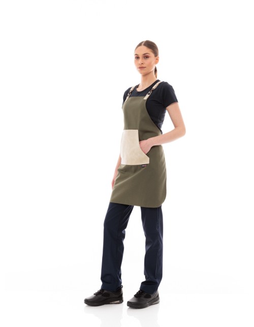 Χακί Ποδιά Unisex Barista Στηθούρι - Από Καμβά Ύφασμα & Μπεζ Μάρσιπο Vegan Leather Τσέπη