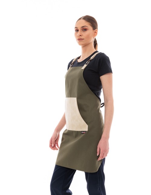Χακί Ποδιά Unisex Barista Στηθούρι - Από Καμβά Ύφασμα & Μπεζ Μάρσιπο Vegan Leather Τσέπη