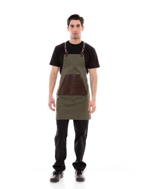 Χακί Ποδιά Unisex Barista Στηθούρι - Από Καμβά Ύφασμα & Καφέ Μάρσιπο Vegan Leather Τσέπη