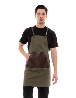 Χακί Ποδιά Unisex Barista Στηθούρι - Από Καμβά Ύφασμα & Καφέ Μάρσιπο Vegan Leather Τσέπη