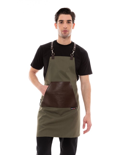 Χακί Ποδιά Unisex Barista Στηθούρι - Από Καμβά Ύφασμα & Καφέ Μάρσιπο Vegan Leather Τσέπη