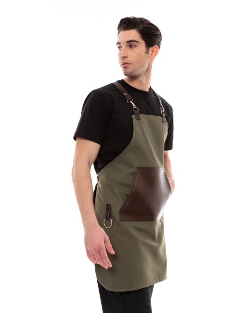 Χακί Ποδιά Unisex Barista Στηθούρι - Από Καμβά Ύφασμα & Καφέ Μάρσιπο Vegan Leather Τσέπη