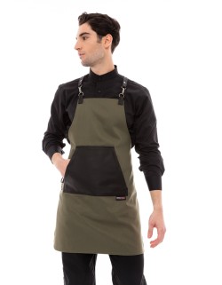 Χακί Ποδιά Unisex Barista Στηθούρι - Από Καμβά Ύφασμα & Μαύρη Μάρσιπο Vegan Leather Τσέπη