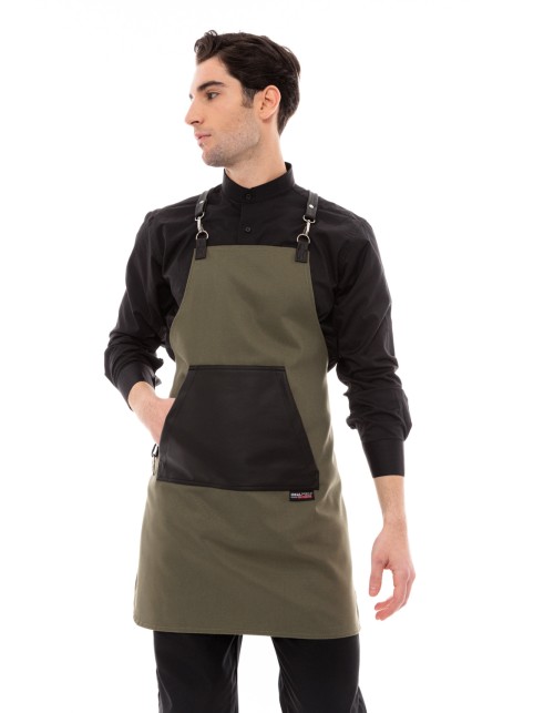 Χακί Ποδιά Unisex Barista Στηθούρι - Από Καμβά Ύφασμα & Μαύρη Μάρσιπο Vegan Leather Τσέπη