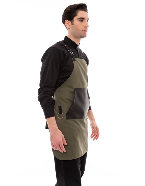 Χακί Ποδιά Unisex Barista Στηθούρι - Από Καμβά Ύφασμα & Μαύρη Μάρσιπο Vegan Leather Τσέπη