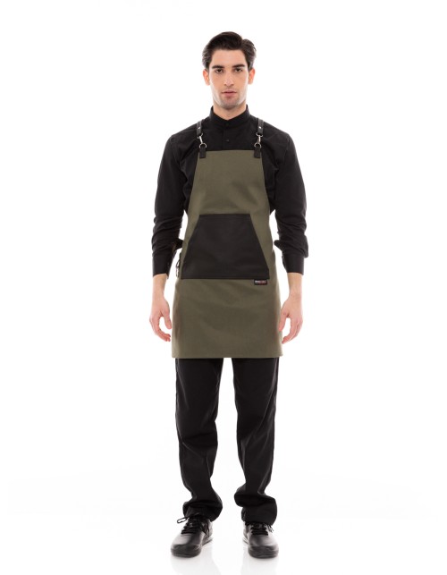 Χακί Ποδιά Unisex Barista Στηθούρι - Από Καμβά Ύφασμα & Μαύρη Μάρσιπο Vegan Leather Τσέπη