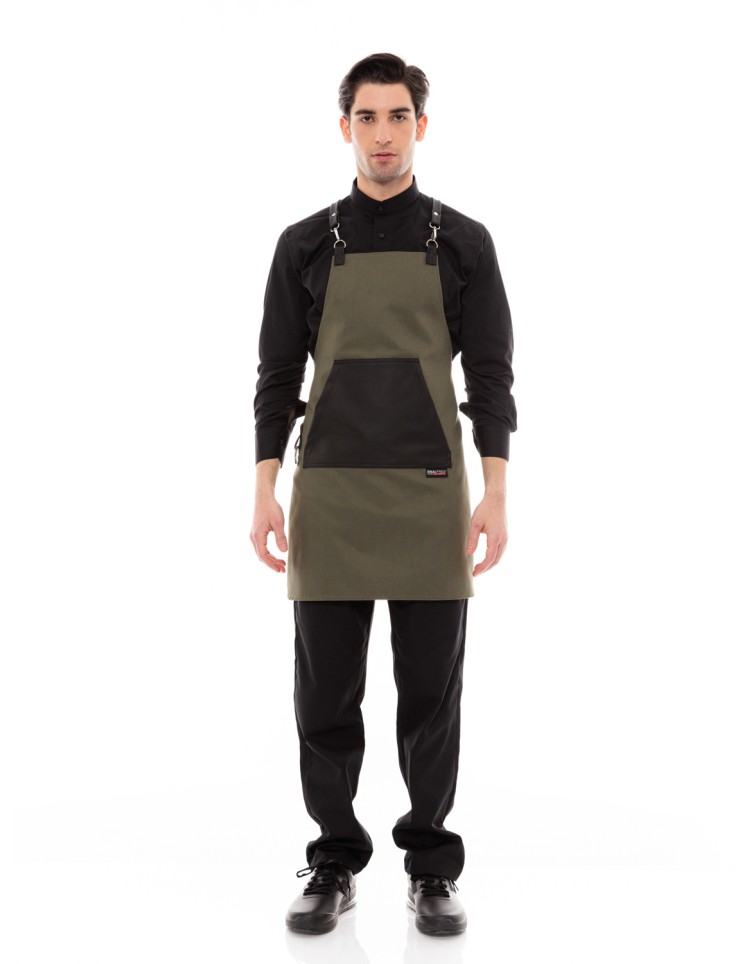 Χακί Ποδιά Unisex Barista Στηθούρι - Από Καμβά Ύφασμα & Μαύρη Μάρσιπο Vegan Leather Τσέπη