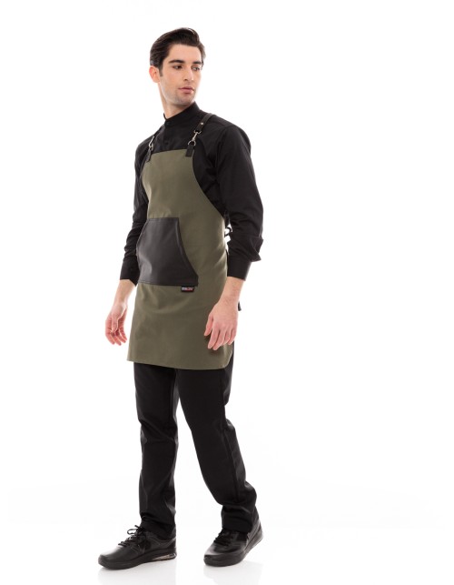Χακί Ποδιά Unisex Barista Στηθούρι - Από Καμβά Ύφασμα & Μαύρη Μάρσιπο Vegan Leather Τσέπη