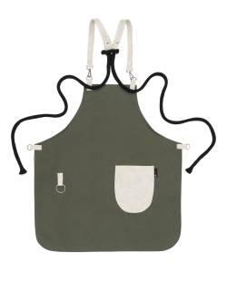Χακί Ποδιά Unisex Barista Στηθούρι - Από Καμβά Ύφασμα & Μπεζ Στρογγυλή Vegan Leather Τσέπη