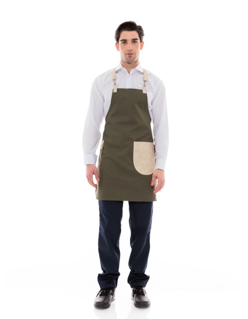 Χακί Ποδιά Unisex Barista Στηθούρι - Από Καμβά Ύφασμα & Μπεζ Στρογγυλή Vegan Leather Τσέπη