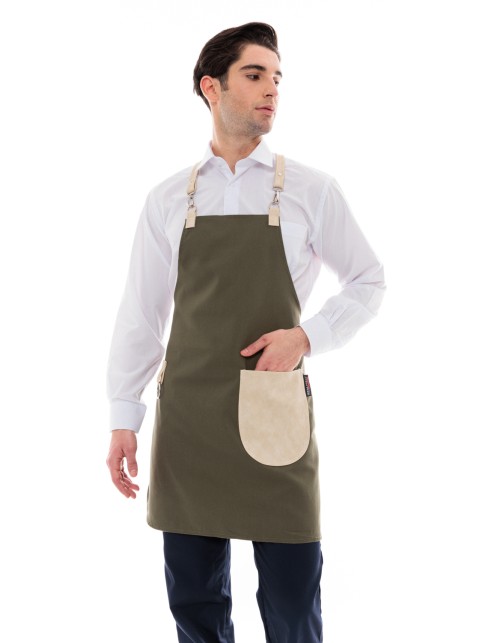 Χακί Ποδιά Unisex Barista Στηθούρι - Από Καμβά Ύφασμα & Μπεζ Στρογγυλή Vegan Leather Τσέπη