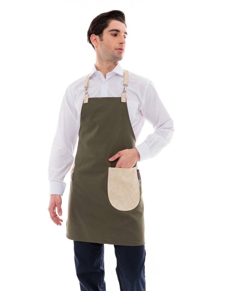 Χακί Ποδιά Unisex Barista Στηθούρι - Από Καμβά Ύφασμα & Μπεζ Στρογγυλή Vegan Leather Τσέπη