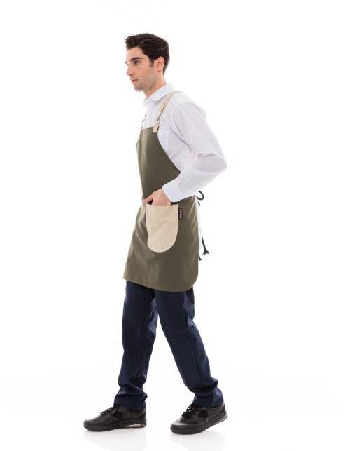 Χακί Ποδιά Unisex Barista Στηθούρι - Από Καμβά Ύφασμα & Μπεζ Στρογγυλή Vegan Leather Τσέπη