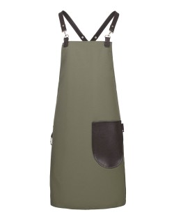 Χακί Ποδιά Unisex Barista Στηθούρι - Από Καμβά Ύφασμα & Καφέ Στρογγυλή Vegan Leather Τσέπη