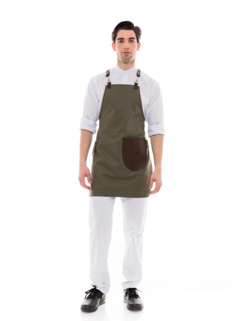 Χακί Ποδιά Unisex Barista Στηθούρι - Από Καμβά Ύφασμα & Καφέ Στρογγυλή Vegan Leather Τσέπη