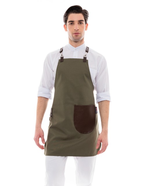 Χακί Ποδιά Unisex Barista Στηθούρι - Από Καμβά Ύφασμα & Καφέ Στρογγυλή Vegan Leather Τσέπη