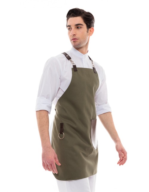Χακί Ποδιά Unisex Barista Στηθούρι - Από Καμβά Ύφασμα & Καφέ Στρογγυλή Vegan Leather Τσέπη