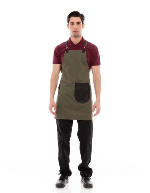 Χακί Ποδιά Unisex Barista Στηθούρι - Από Καμβά Ύφασμα & Μαύρη Στρογγυλή Vegan Leather Τσέπη