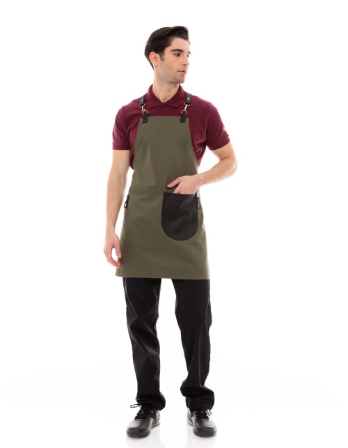 Χακί Ποδιά Unisex Barista Στηθούρι - Από Καμβά Ύφασμα & Μαύρη Στρογγυλή Vegan Leather Τσέπη