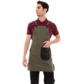 Χακί Ποδιά Unisex Barista Στηθούρι - Από Καμβά Ύφασμα & Μαύρη Στρογγυλή Vegan Leather Τσέπη