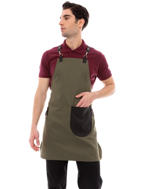 Χακί Ποδιά Unisex Barista Στηθούρι - Από Καμβά Ύφασμα & Μαύρη Στρογγυλή Vegan Leather Τσέπη