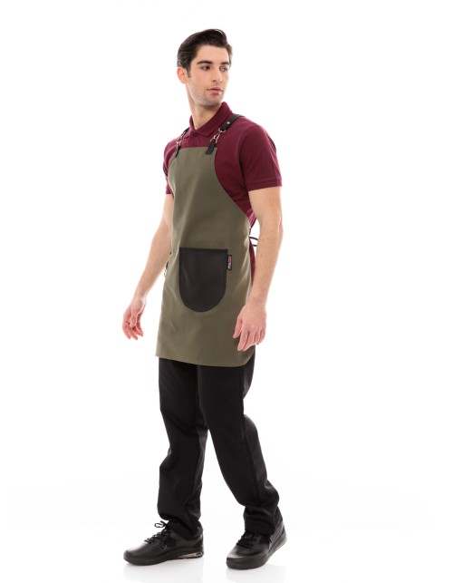 Χακί Ποδιά Unisex Barista Στηθούρι - Από Καμβά Ύφασμα & Μαύρη Στρογγυλή Vegan Leather Τσέπη