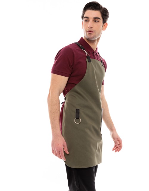 Χακί Ποδιά Unisex Barista Στηθούρι - Από Καμβά Ύφασμα & Μαύρη Στρογγυλή Vegan Leather Τσέπη