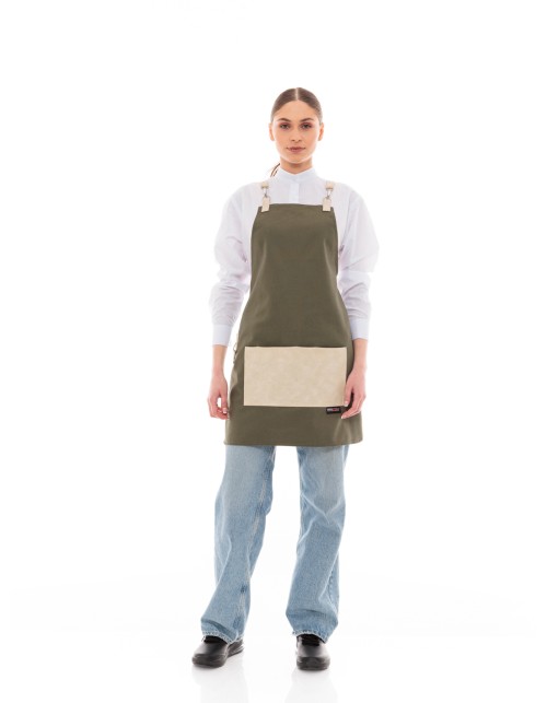 Χακί Ποδιά Unisex Barista Στηθούρι - Από Καμβά Ύφασμα & Μπεζ Τετράγωνη Vegan Leather Τσέπη