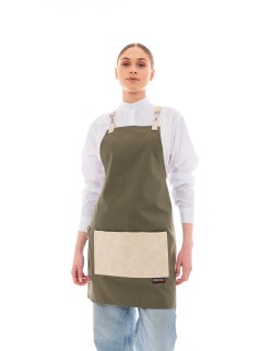 Χακί Ποδιά Unisex Barista Στηθούρι - Από Καμβά Ύφασμα & Μπεζ Τετράγωνη Vegan Leather Τσέπη