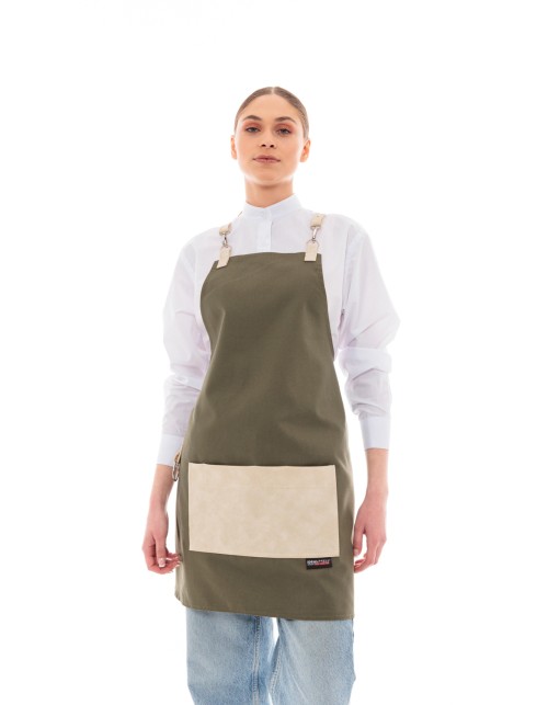 Χακί Ποδιά Unisex Barista Στηθούρι - Από Καμβά Ύφασμα & Μπεζ Τετράγωνη Vegan Leather Τσέπη
