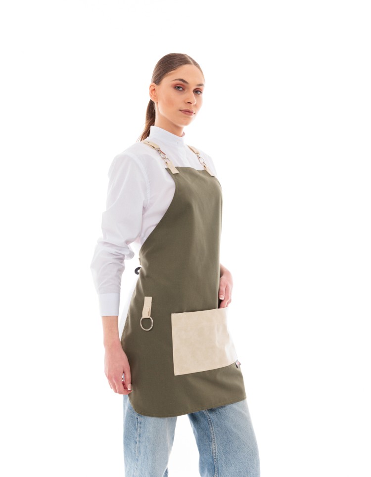 Χακί Ποδιά Unisex Barista Στηθούρι - Από Καμβά Ύφασμα & Μπεζ Τετράγωνη Vegan Leather Τσέπη