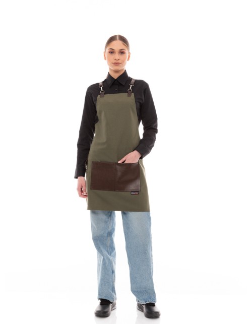 Χακί Ποδιά Unisex Barista Στηθούρι - Από Καμβά Ύφασμα & Καφέ Τετράγωνη Vegan Leather Τσέπη