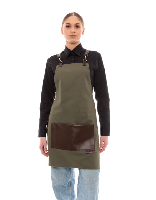 Χακί Ποδιά Unisex Barista Στηθούρι - Από Καμβά Ύφασμα & Καφέ Τετράγωνη Vegan Leather Τσέπη