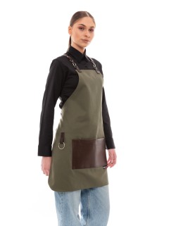 Χακί Ποδιά Unisex Barista Στηθούρι - Από Καμβά Ύφασμα & Καφέ Τετράγωνη Vegan Leather Τσέπη