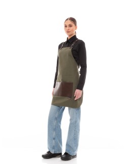 Χακί Ποδιά Unisex Barista Στηθούρι - Από Καμβά Ύφασμα & Καφέ Τετράγωνη Vegan Leather Τσέπη