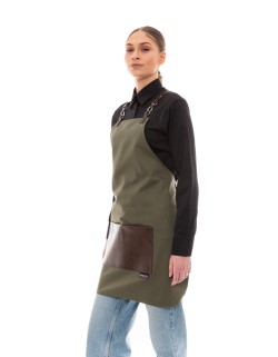 Χακί Ποδιά Unisex Barista Στηθούρι - Από Καμβά Ύφασμα & Καφέ Τετράγωνη Vegan Leather Τσέπη