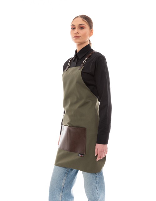 Χακί Ποδιά Unisex Barista Στηθούρι - Από Καμβά Ύφασμα & Καφέ Τετράγωνη Vegan Leather Τσέπη