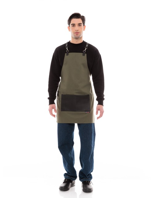 Χακί Ποδιά Unisex Barista Στηθούρι - Από Καμβά Ύφασμα & Μαύρη Τετράγωνη Vegan Leather Τσέπη