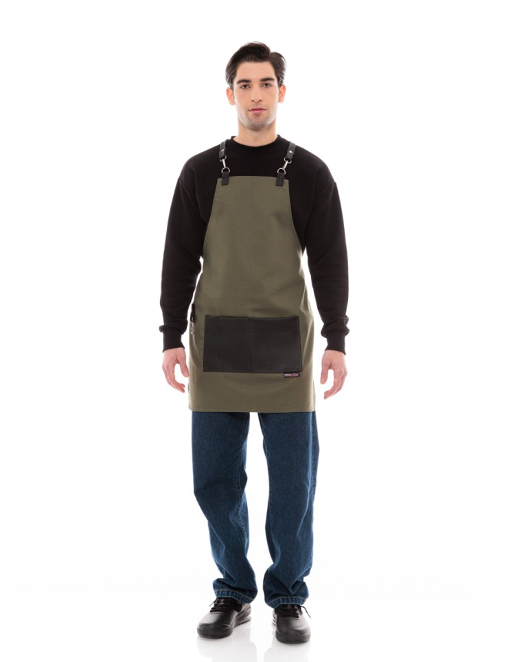 Χακί Ποδιά Unisex Barista Στηθούρι - Από Καμβά Ύφασμα & Μαύρη Τετράγωνη Vegan Leather Τσέπη