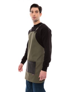 Χακί Ποδιά Unisex Barista Στηθούρι - Από Καμβά Ύφασμα & Μαύρη Τετράγωνη Vegan Leather Τσέπη
