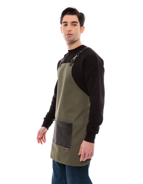 Χακί Ποδιά Unisex Barista Στηθούρι - Από Καμβά Ύφασμα & Μαύρη Τετράγωνη Vegan Leather Τσέπη