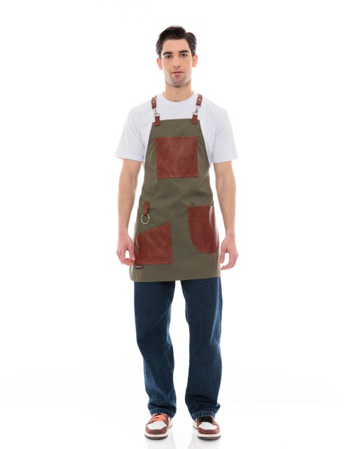 Χακί Ποδιά Unisex Barista Στηθούρι - Από Καμβά Ύφασμα & Ταμπά Vegan Leather Τσέπες