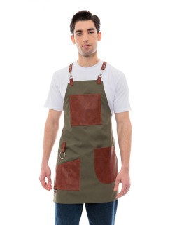 Χακί Ποδιά Unisex Barista Στηθούρι - Από Καμβά Ύφασμα & Ταμπά Vegan Leather Τσέπες