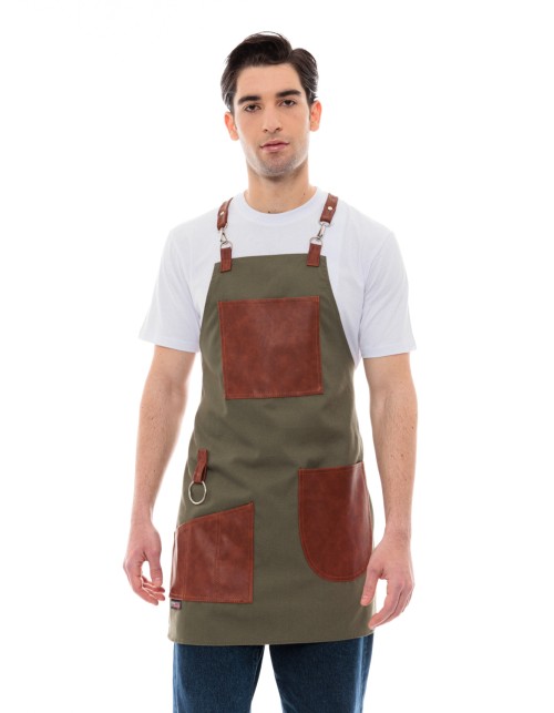 Χακί Ποδιά Unisex Barista Στηθούρι - Από Καμβά Ύφασμα & Ταμπά Vegan Leather Τσέπες