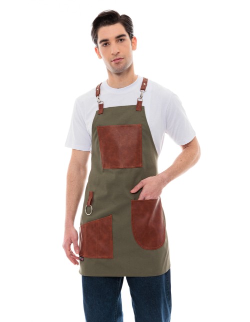Χακί Ποδιά Unisex Barista Στηθούρι - Από Καμβά Ύφασμα & Ταμπά Vegan Leather Τσέπες