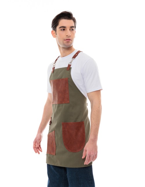 Χακί Ποδιά Unisex Barista Στηθούρι - Από Καμβά Ύφασμα & Ταμπά Vegan Leather Τσέπες