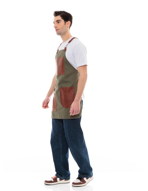 Χακί Ποδιά Unisex Barista Στηθούρι - Από Καμβά Ύφασμα & Ταμπά Vegan Leather Τσέπες